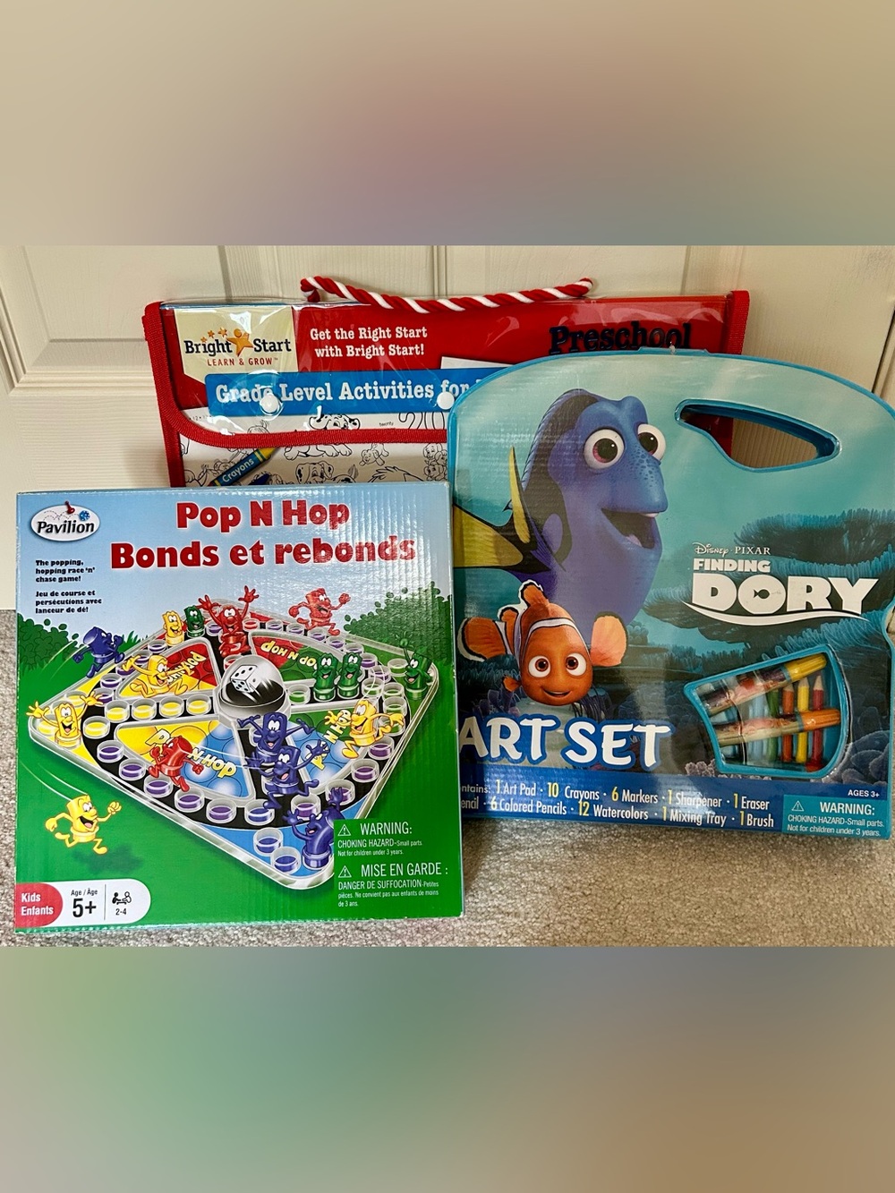 Bundle-NEW Bright Start Preschool Set, Finding Dory Art Set, Pop N Hop Game